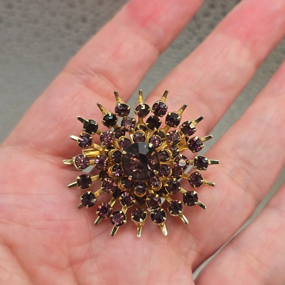 Vintage Coro Purple Rhinestone Starburst Gold Tone Brooch